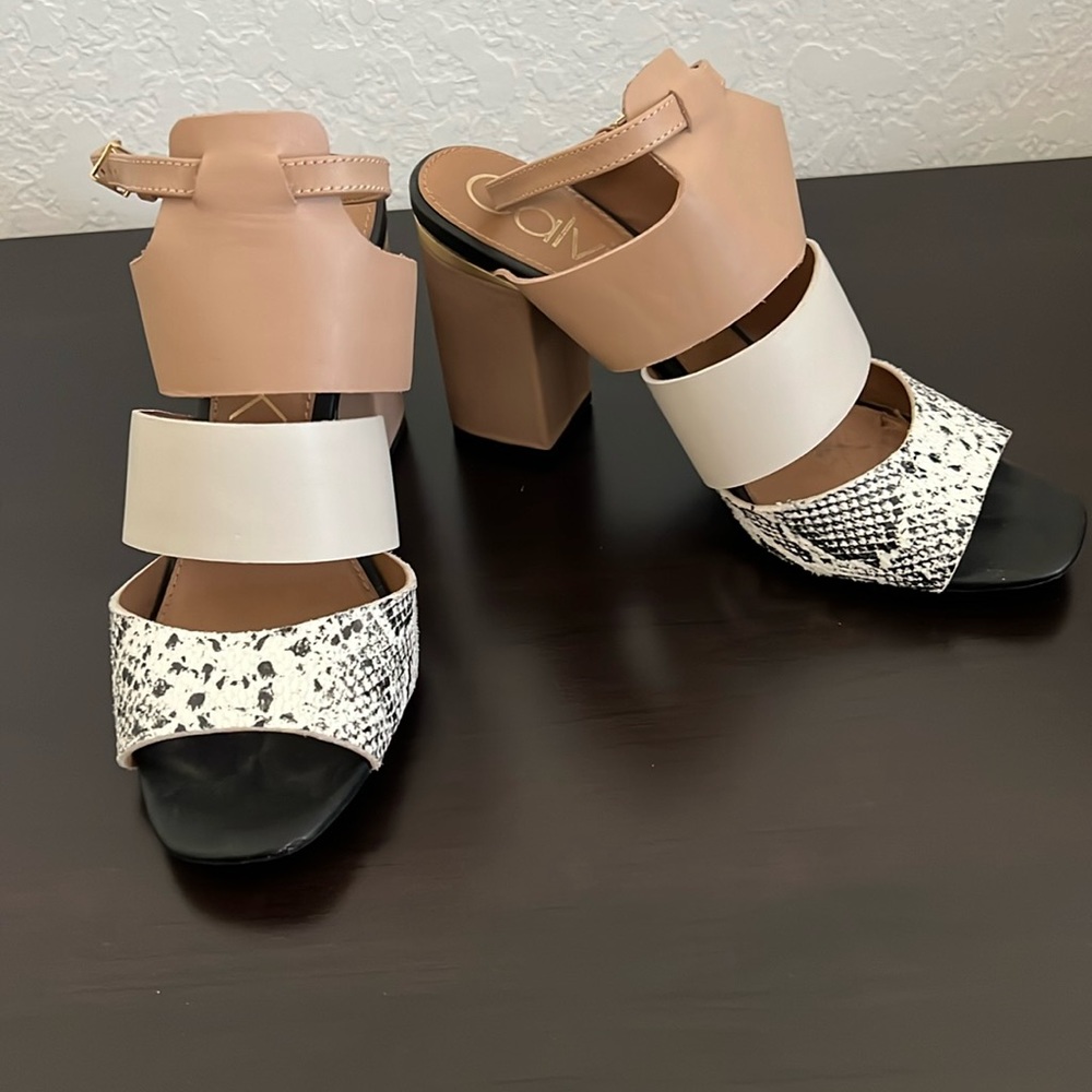Calvin Klein Snake Print,Camel & taupe sandals with gold hardware logo-like new!